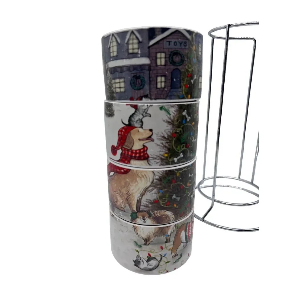Pier 1 Holiday Christmas Mugs w Stand Basset Hounds Cats Bulldog